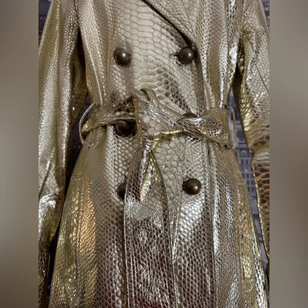 Metallic Gold Snake-Embossed Leather Belted Trench Jacket - Picture 4 of 15